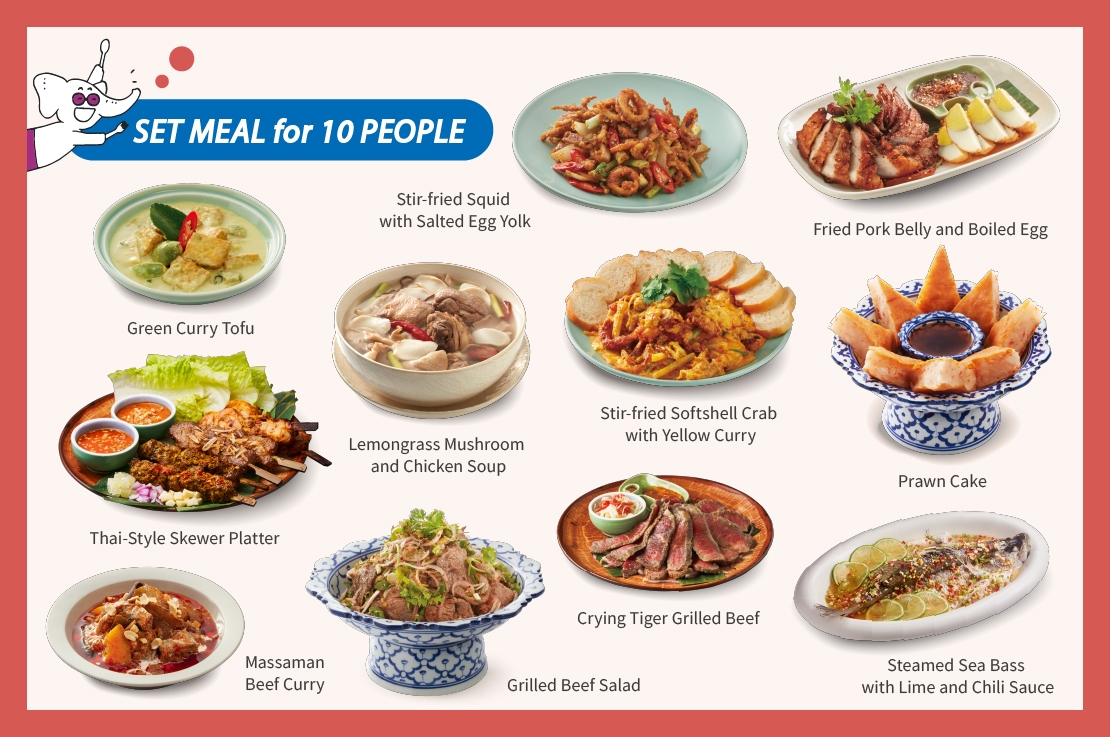 【SET MEAL for 10 PEOPLE】12 Meals．2 Soups．10 Beverages．10 Desserts